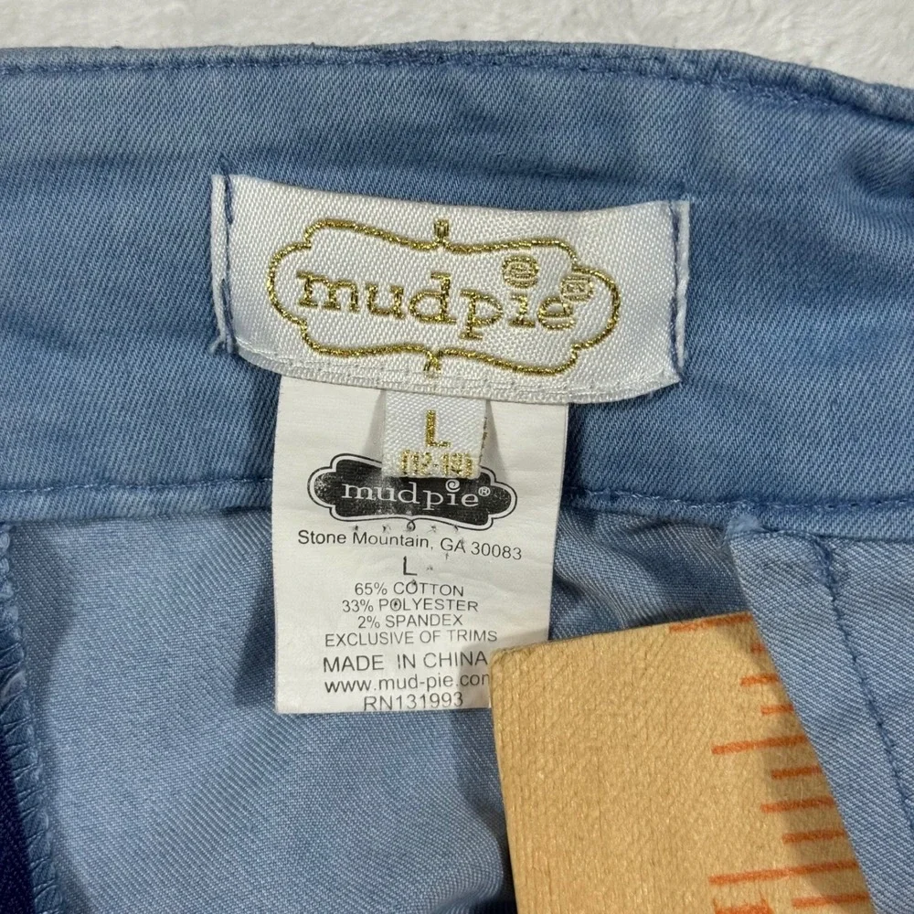 Mud Pie Womens Blue Scalloped Hem Chambray Shorts Size L Cotton Blend Flat Front